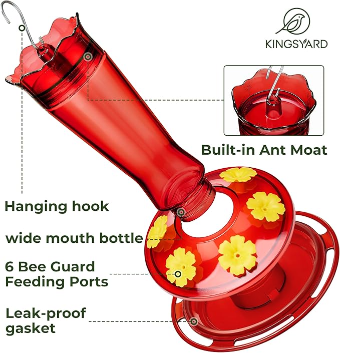 Kingsyard Glass Hummingbird Feeder for Outdoors Hanging, 14 oz Leak-Proof Humming Bird Feeders with Ant Moat & Bee Proof Feeding Ports, Hummingbird Gift for Bird Lovers (Red)