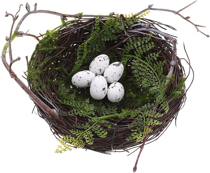 Vine Bird Nest Ornament with 5 Simulation Eggs Easter Decor - Artificial Bird Nest Store Decor for Fake Eggs Yard Garden Home Wedding Christmas Party