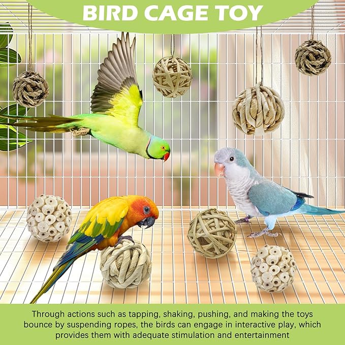 BNOSDM 8PCS Sola Balls Shred Toy Natural Bird Chew Toys Lightweight Conure Foot Toy Interactive Parrot Foraging Toys Bird Chew Balls with Hemp Rope Hook for Budgies Cockatiels Parakeets Senegal