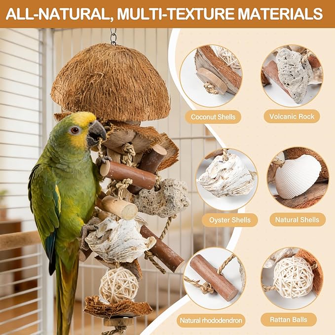Natural Bird Toys for Parrots – 18in Handmade Shredding & Foraging Toy with Coconut Shells, Wood Blocks & Lava Stones – Parrot Toys for Sun Conures, Conures, Caiques, Cockatiels, Quaker Parrots