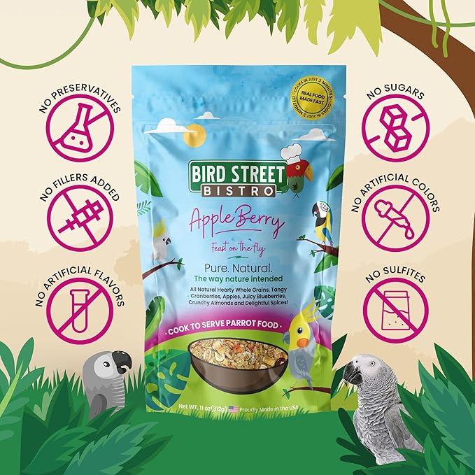 Bird Street Bistro Parrot Food -Parrot Food - Cooks in 3-15 min w/Natural Grains, Legumes, Non-GMO Fruits, Vegetables & Health-Oriented Spices