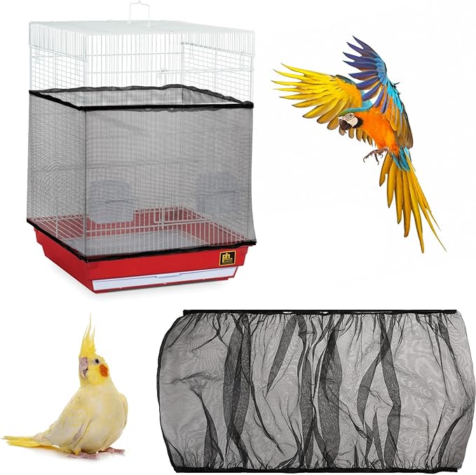 Trinkrittey Adjustable Bird Cage Seed Catcher Net Cover Elastic Band Mesh Cover Black for Parrot Cages