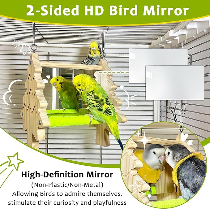 Bird Mirror Toy Perch, 2-Sided Hd Parakeet Mirrors & 2 Cotton-Wrapped Perches for Multiple Birds, Wooden Frame Hanging Parrot Swing for Cage, Safe No Sharp Edges Bird Toy for Budgie Lovebird Cockatiel