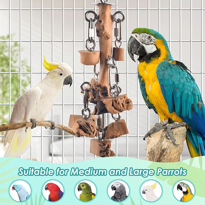 DBNESS Bird Toys for Parrot, Durable Stainless Steel Large Birds Chew Toy, Hanging Detachable Natural Hardwood Blocks for Medim to Large Eclectus, African Greys, Amazon Parrot, Cockatoo