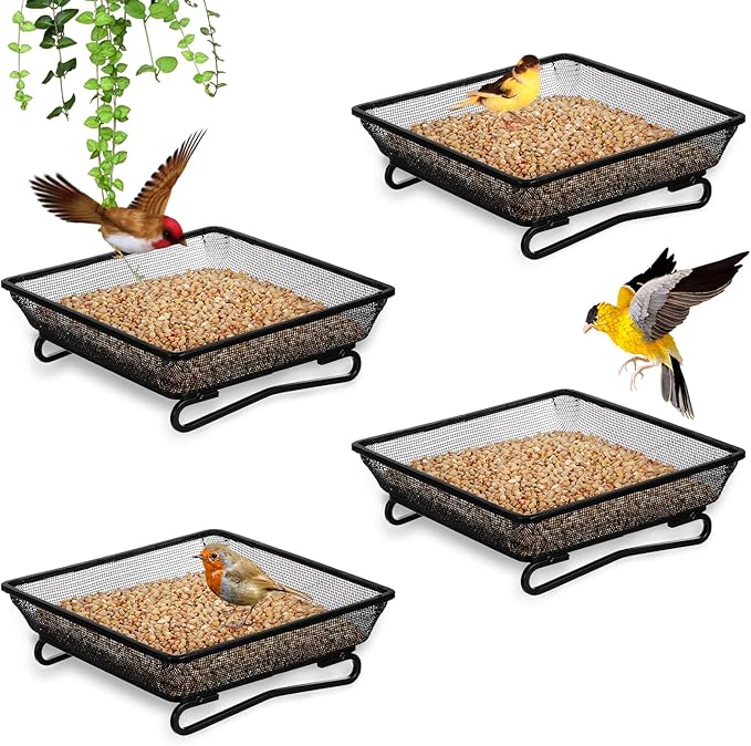 4 Pcs Ground Bird Feeder Tray 6.9 x 6.9 x 2.2 Inches, Metal Platform Mesh Seed Tray for Bird Feeders, Great Attracting Garden Yard Decoration for Wild Birds Squirrels Dove