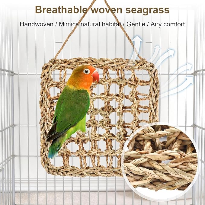 2Pcs Natural Sea Grass Parrot Mat - Foraging Chew Wall Toy with Climbing Rope & Hook, Hanging Play Pad for Lovebirds/Cockatoos/Budgerigars/Conures/Pigeons | 2 Sizes29.53x6.89 &7.48x7.48 Inches