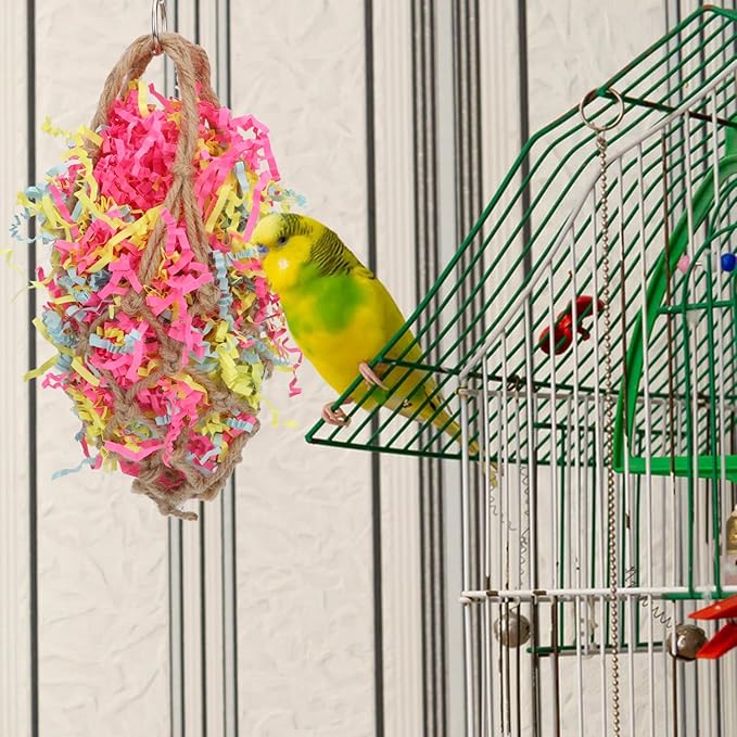 Wontee Bird Jute Paper Strips Parrot Mesh Bag Hanging Chewing Toy for Parakeet Cockatiel Conure Cockatoo African Grey Macaw