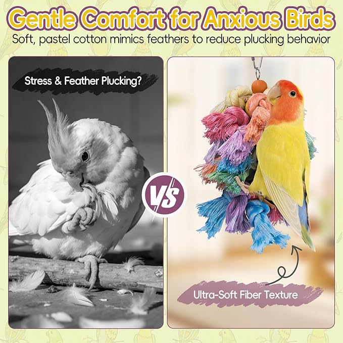 Bird Preening Toy - Natural Cotton Rope & Wood Blocks to Support Feather Health, Safe Screw-Link Enrichment Hanging Toy for Cockatiels, Conures, Parakeets,Lovebirds