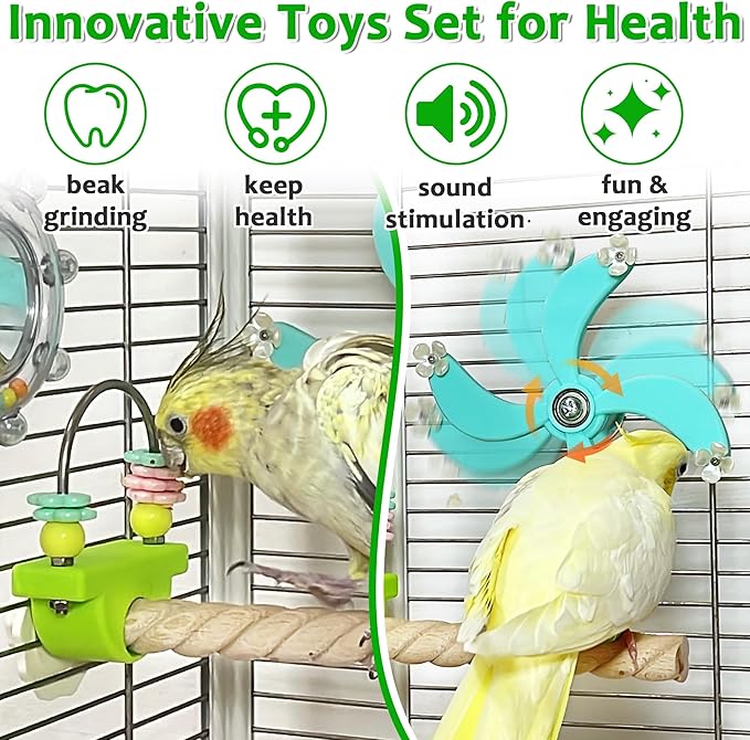 2Pcs Spinning Parakeet Toys and Anti-Slip Spiral Perches Set, Rotating Budgie Toys for Boredom, Bird Enrichment Spinner for Parakeets for Cage Accessories, Cockatiel Toys for Inside Cage for Parrots