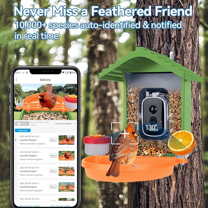 Smart AI Bird Feeder with Camera,2.5K HD Live View,Solar Powered,Instant Birds Species Recognition,Real Time Alerts,Wireless Birdhouse with Night Vision,Ideal Gift,Green