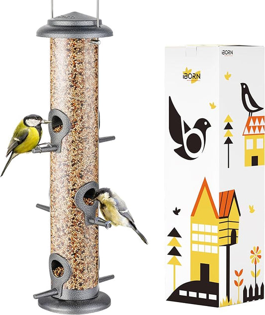iBorn Metal Bird Feeder Hanging Wild Bird Seed Feeder for Mix Seed Blends Heavy Duty All Metal Silver Finish,15 Inch 6 Port(Seed is not Included),Gift Box