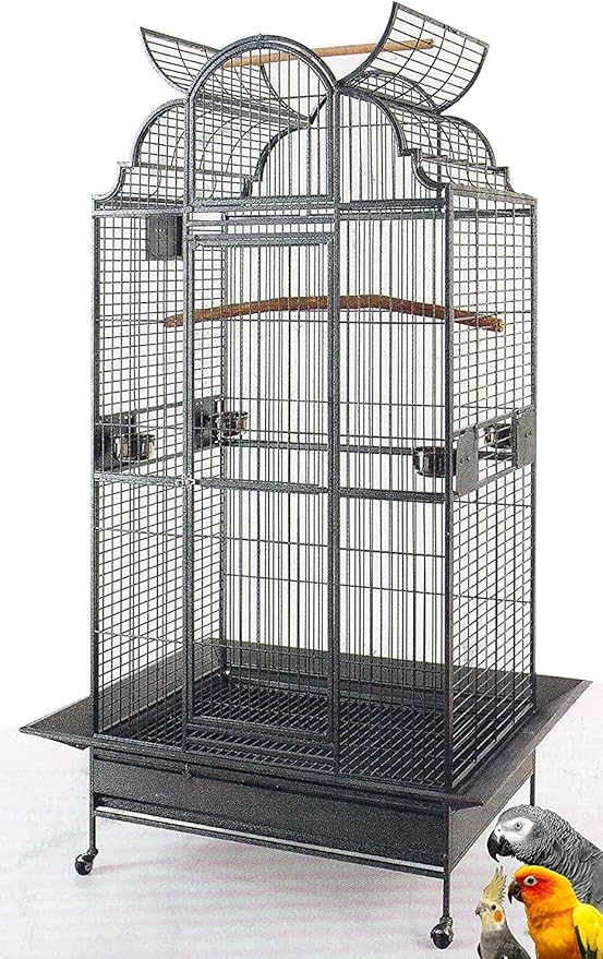 Large Elegant Wrought Iron Open/Close Dome Perch Play Top Stand Bird Parrot Rolling Cage, Include Metal Seed Guard Solid Metal Feeder Breeding Door (24" x 22" x 63"H, Black Vein)
