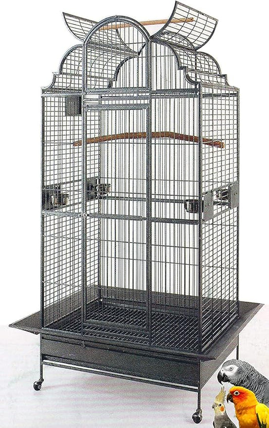 Large Elegant Wrought Iron Open/Close Dome Perch Play Top Stand Bird Parrot Rolling Cage, Include Metal Seed Guard Solid Metal Feeder Breeding Door (24" x 22" x 63"H, Black Vein)