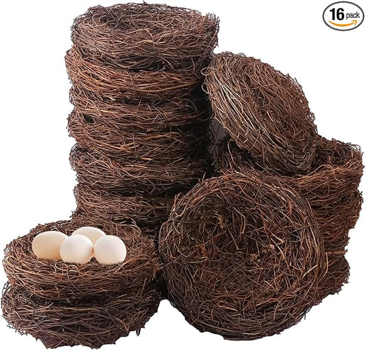 16 PCS 7.87 Inch Artificial Bird Nest for Crafts, Handicraft Rattan Bird's nest, Small Bird Nest, Bird's Nest Decorating Kit for Holiday, Table, Garden, DIY Terrarium Decor