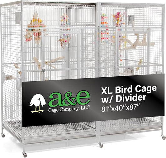 A&E Cage Co 8040FL Platinum Double Macaw Cage – 80"x40"x74" Extra Large Parrot Cage with Removable Divider, 4 Swing-Out Feeder Doors, Stainless Steel Bowls & Perches for Macaws, Cockatoos, Amazons
