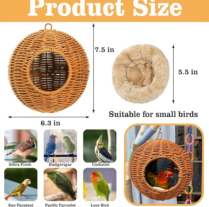 ZENFUN Steel Frame Bird Nest for Cage, Washable Small Bird Bed Chewproof with Plush Pad, Hammock Hideout Lay Eggs Parakeet Nest Sleep, Parakeet Warm Bed House Hut for Lovebird, Canary, Budgie, Finch