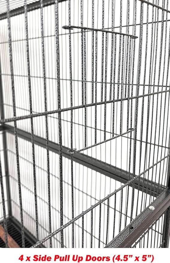 Extra Large Durable Wrought Iron Metal Bird Flight Parrot Breeder Home Cage with Double Large Front Doors 4 Side Pull Up Doors Rolling Stand Storage Shelf Lockable Wheels