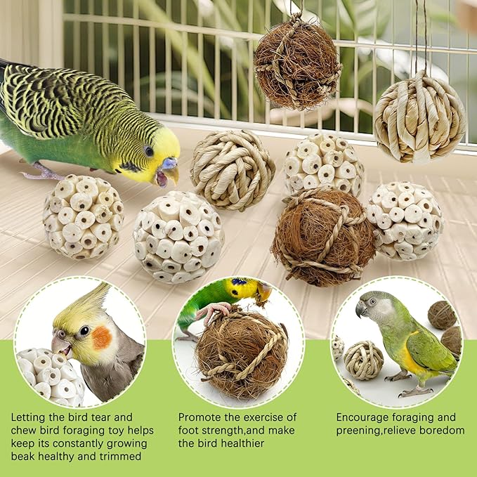 BNOSDM 8PCS Natural Bird Chew Toys Sola Balls Shred Toy Lightweight Conure Foot Toy Interactive Parrot Foraging Toys Bird Chew Balls with Hemp Rope Hook for Budgies Cockatiels Parakeets Senegal