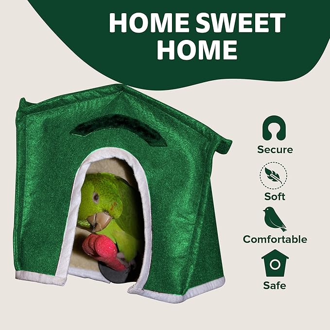 Crazy K Farm - Avian Haven Bird Hut, Comfy Bird Snuggle Hut, Plush Pet Bird Hut for Sleeping and Snuggling, Hanging Bird Cage Hut with Sherpa, Cozy Bird Cage Accessories, Extra Large, Green