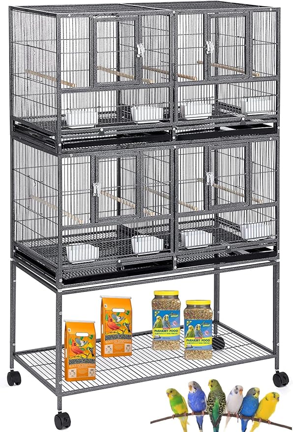 Sturdy Wrought Iron Combo 2-Stacker Center Divided Breeder Breeding Bird Flight Double Rolling Cage Side Nesting Box Doors for Aviaries Canaries Cockatiels Lovebirds Finches Budgies Small Parrots