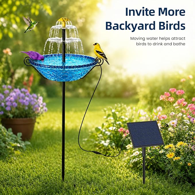 Bird Bath for Outside with Solar Fountain, Plastic Bowl on Metal Stake and Ground Stand, Freestanding Garden Accent for Yard and Patio (Blue(L))
