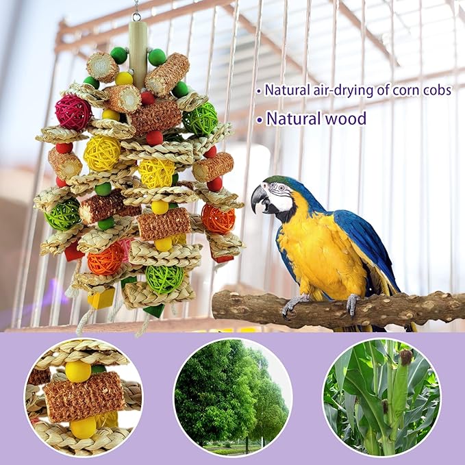 Cokliomc Parrot Toys, Natural Corncob Bird Chew Toys for Small and Medium Macaws, African Grey Parrots, Amazon Parrots Bird Cage