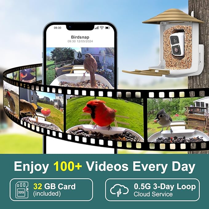 birdsnap® TUC Bird Feeder with Camera 2K HD Live with 32GB Card Auto Detect & Notify AI Identify Camera Birds Feeders Solar Powered Wireless Outdoors Backyard Gift for Mom Dad Birds Lover, 2.4G WiFi