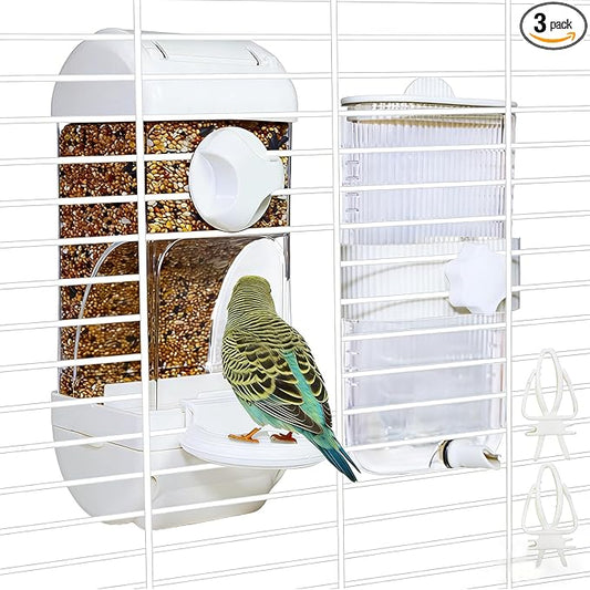 Automatic Bird Feeder Waterer Kit Bird Cage Hanging Waterer Parakeet Leak-Proof Feeder Parrot Vegetable Clips Cage Accessories for Budgies Lovebirds Finches Canaries Parrotlets Conures (White)