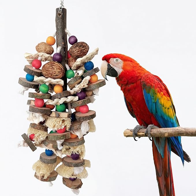 Parrot Chew Toys for Large Bird, Bird Toys with Natural Nuts Corn Loofah Wooden,Bird Chewing Toy for African Grey,Macaws,Conure,Cokatoos,Cockatiel,Amazon Parrots and Other Medium and Small Birds