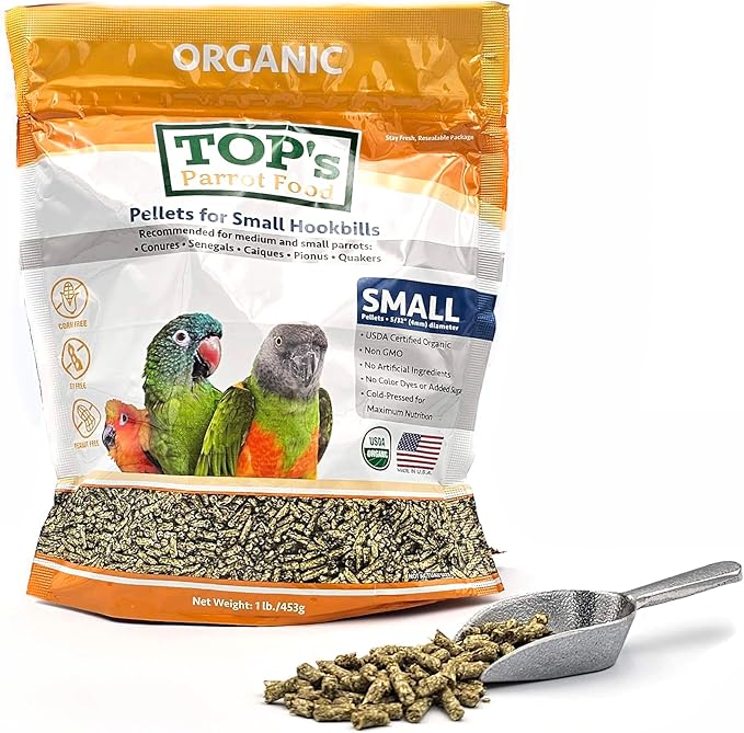 TOP's Parrot Food Bird Pellets for Small Hookbills - Non-GMO, Peanut Soy & Corn Free, USDA Organic Certified (1lb)