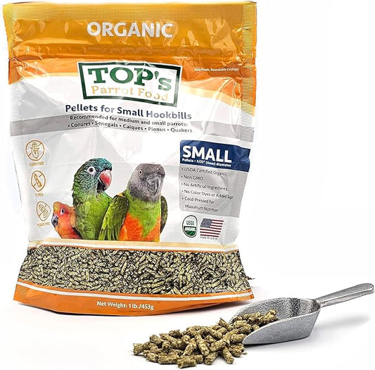 TOP's Parrot Food Bird Pellets for Small Hookbills - Non-GMO, Peanut Soy & Corn Free, USDA Organic Certified (1lb)
