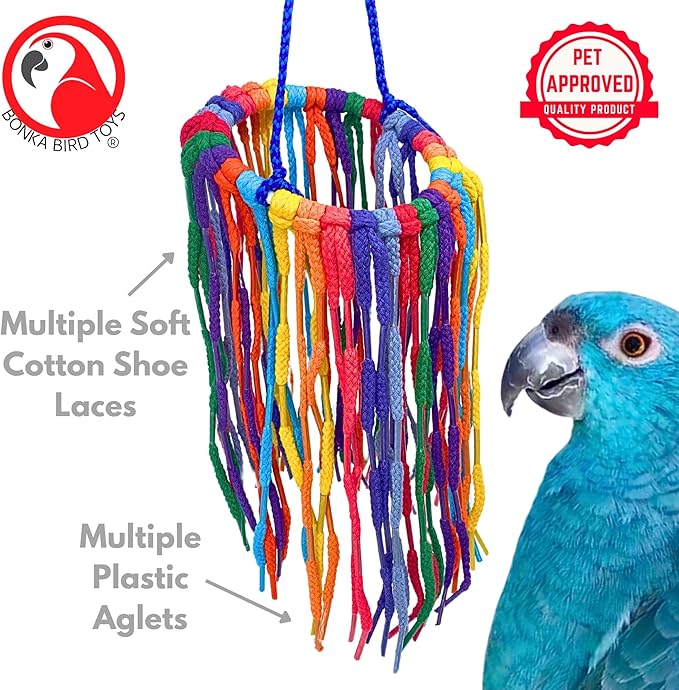 Bonka Bird Toys 51214 Small Aglet Heaven Cotton Shoelace Toy with Plastic Aglets and 2" Ring for Parakeets Cockatiels Quakers Pionus Small Bird Enrichment (Pack of 2)