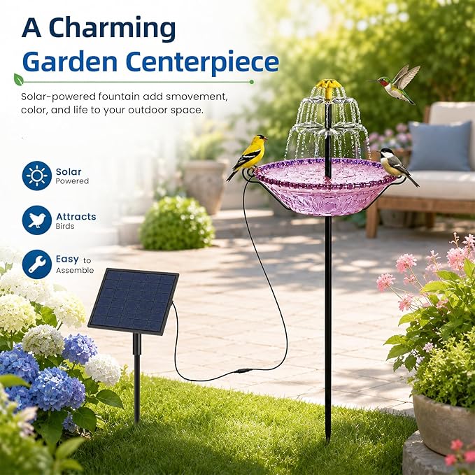 Bird Bath for Outside with Solar Fountain, Plastic Bowl on Metal Stake and Ground Stand, Freestanding Garden Accent for Yard and Patio (Purple(XL))