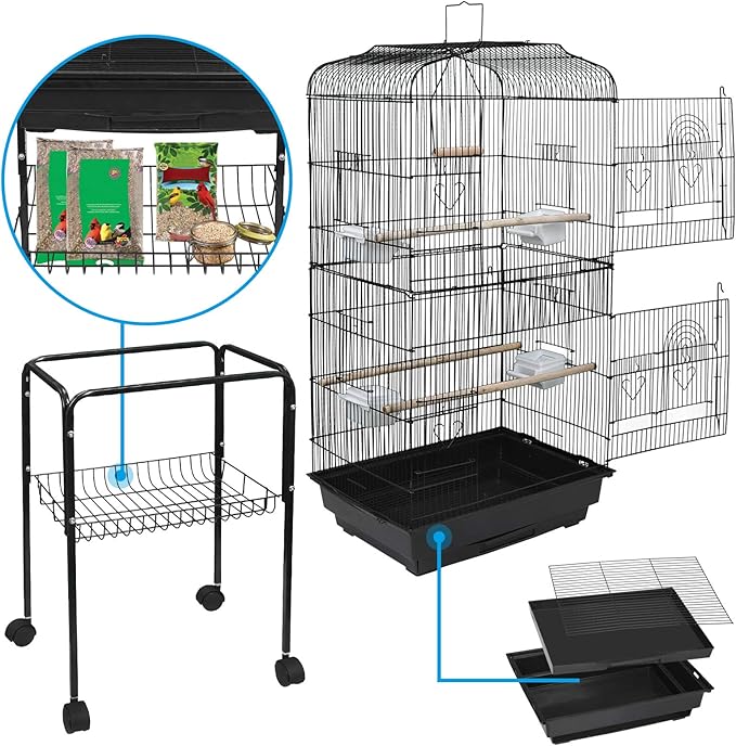 SUPER DEAL 59.3 Rolling Bird Cage Large Wrought Iron Cage for Cockatiel Sun Conure Parakeet Finch Budgie Lovebird Canary Medium Pet House with Rolling Stand & Storage Shelf