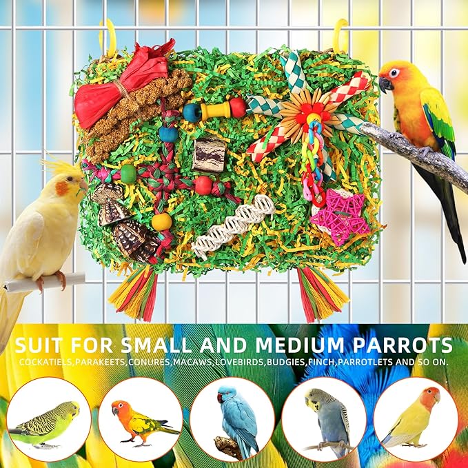 YIXUND Bird Toys Parakeet Toys,Large-Sized Parrot Foraging & Shredding Cage Hanging Toys with Seagrass Mat for Budgies,Cockatiels,Lovebirds,Conures Small & Medium Parrots