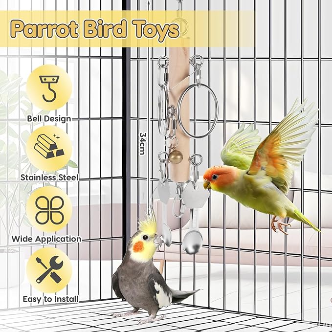 VINGVO Parrot Bird Toys with Metal Spoons, Stainless Steel Keys Rings Toy, Intelligence Development Crisp Sound Toys for Amazons Mini Medium Large Macaws African Greys Cockatoos Eclectus