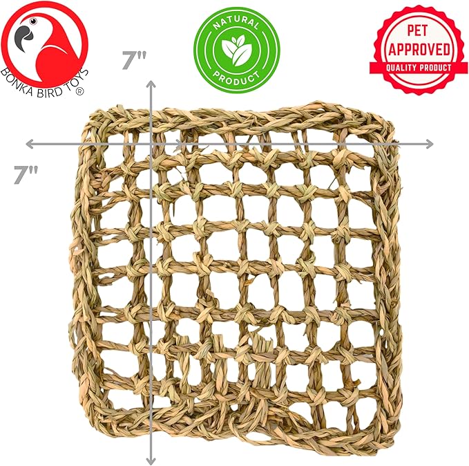 Bonka Bird Toys 1766 Seagrass Mat 7" x 7" Natural Woven Chew Climbing Foraging Base for Small to Large Birds Like Conures Quakers Amazons