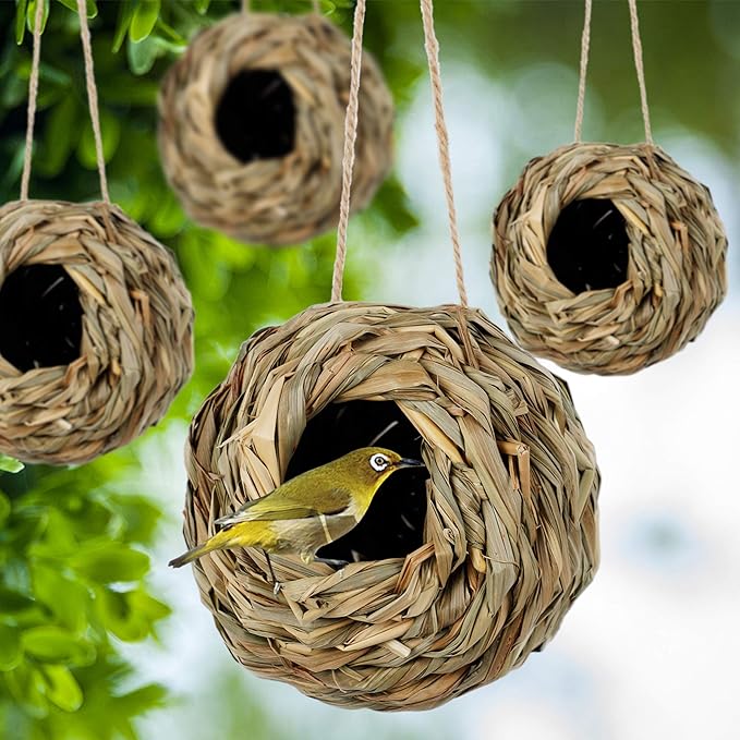 winemana 4 Pack Hanging Bird Nest House for Outside, Ball Shape, Hand Woven, Durable Sturdy, Made of Natural Grass, Perfect for Garden Patio Lawn Office Indoor