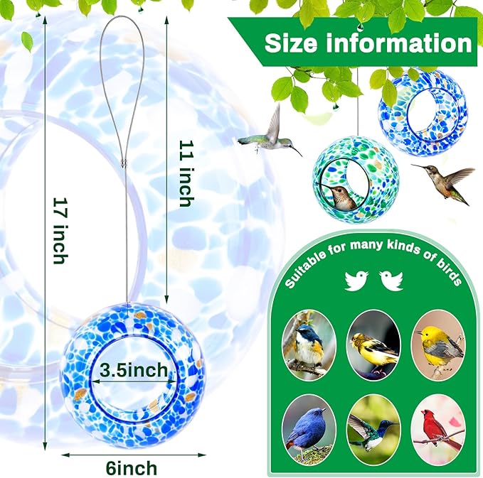Patelai 2 Pcs Bird Feeder Mosaic Glass Hanging Bird Feeder Round Birdfeeder Fly Through Balcony Birdfeeder for Backyard Window Outdoor Garden Deck Porch Decorations, 6 Inch (Cute)