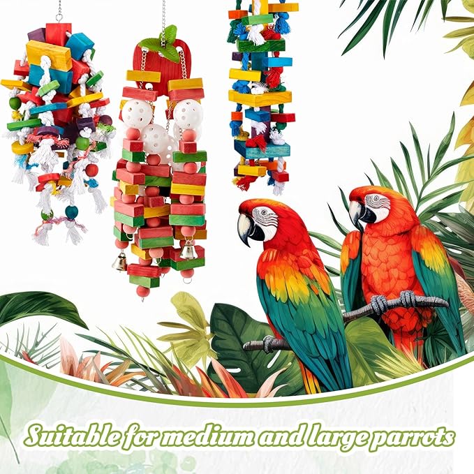 Seenelling 3 Pcs Extra Large Bird Parrot Toy Multicolored Natural Wooden Parrot Cage Chewing Toys for Large Medium Macaws Cockatoos African Grey Birds (Block and Rope)