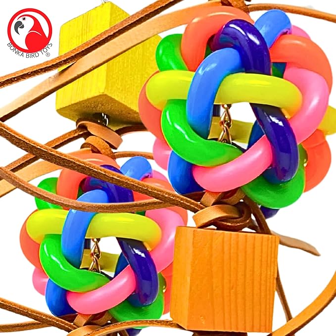 Bonka Bird Toys 1949 Queen Wibbly 16" Tall Multi-Texture Foraging Toy with Wibbly Balls Acrylic Leather Wood for Large Parrots Macaws Cockatoos Amazons