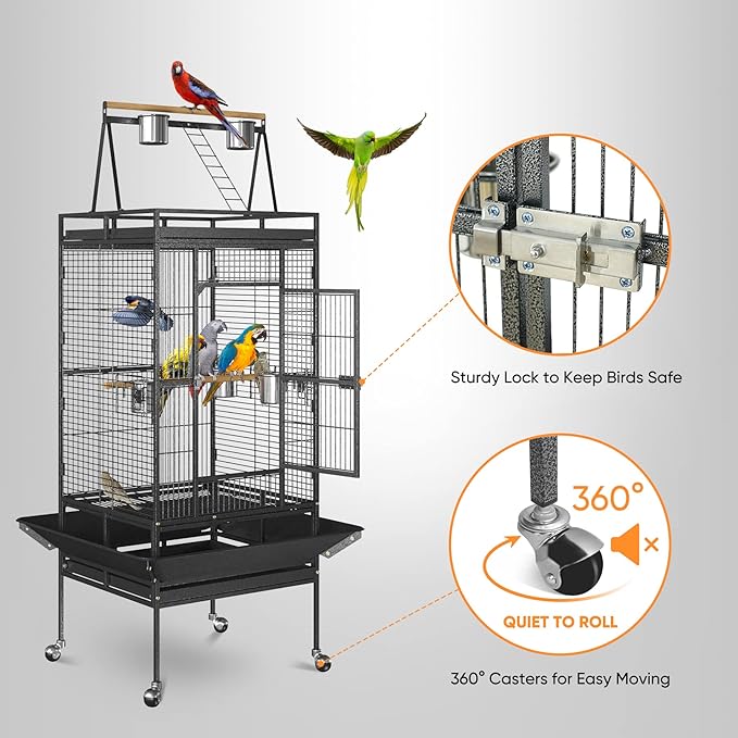 SUPER DEAL 68-inch Large Bird Cage with Rolling Stand African Grey Parrot Chinchilla Finch Cage Conure Cockatiel Cockatoo Pet House Wrought Iron Birdcage, Black