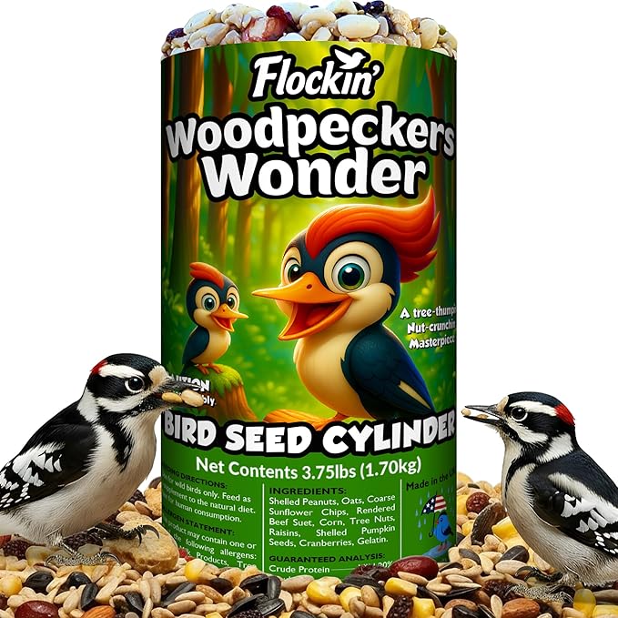 Woodpecker Bird Seed Cylinders with Hole – Premium Woodpecker Food Blend with Sunflower Chips, Peanuts & Suet – Natural High Energy Bird Seed, No Filler, No Shell, No Mess – USA Made (6" x 7.75")