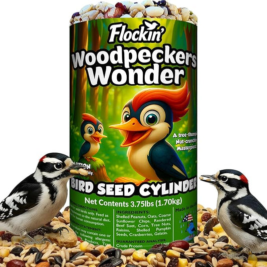 Woodpecker Bird Seed Cylinders with Hole – Premium Woodpecker Food Blend with Sunflower Chips, Peanuts & Suet – Natural High Energy Bird Seed, No Filler, No Shell, No Mess – USA Made (6" x 7.75")