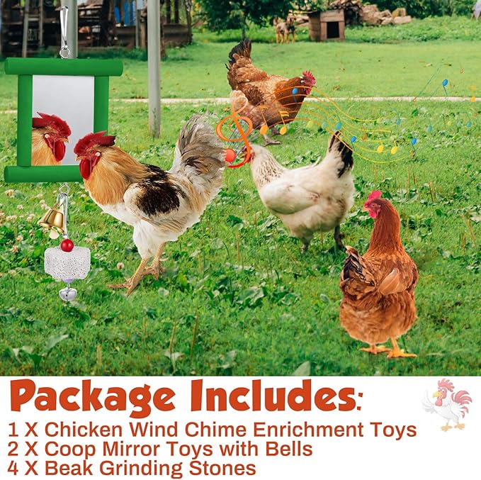 VioraWhite 7 Pcs Chicken Toys, Hanging Chicken Wind Chime, 2 Pcs Coop Mirror Toys with Bells 4 Pack Beak Grinding Stones, Musical Coop Accessories for Hen Rooster Chick Poultry Birds(Green, Blue)