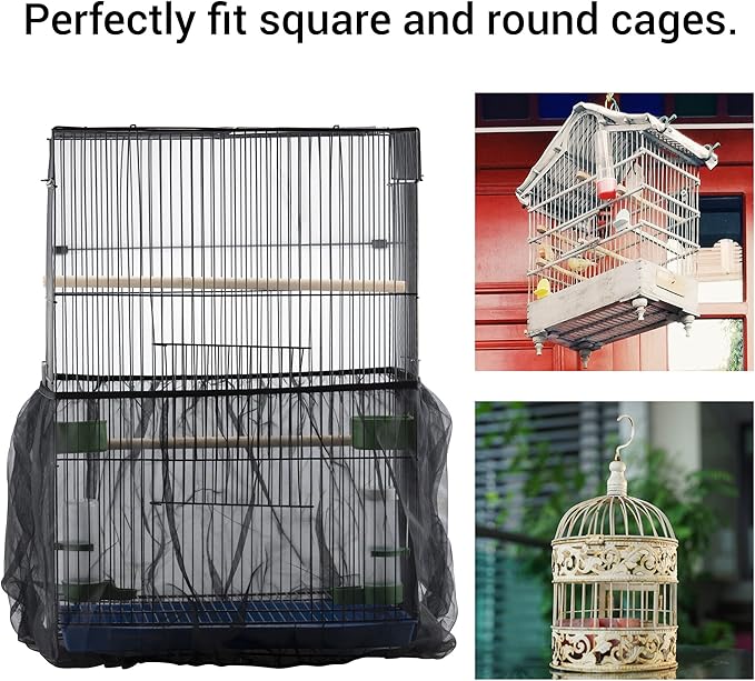 IFAMIO Bird Cage Seed Feather Catcher Adjustable Birdcage Covers Cage Skirt Large Nylon Mesh Netting Universal Bird Cage Net Cover Bird Seed Guard Skirt for Parrot Parakeet Macaw Black