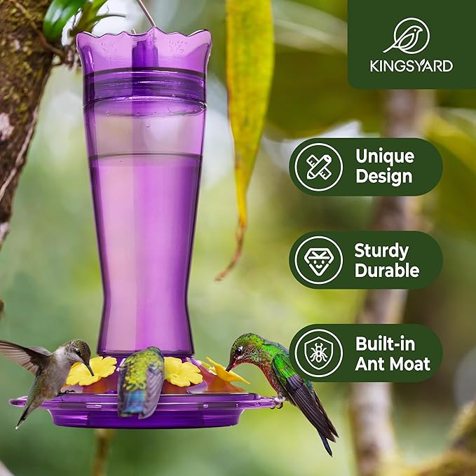 Kingsyard Glass Hummingbird Feeder for Outdoors Hanging, 14 oz Leak-Proof Humming Bird Feeders with Ant Moat & Bee Proof Feeding Ports, Hummingbird Gift for Bird Lovers (Purple)