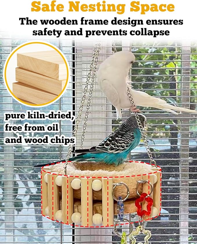 Wooden Bird Nest Bed, Pure Kiln-Dried Wood with Detachable Cotton Pad for All Seasons Comfort, Parakeet Bed with Play Toys, Open Breathable Sleeping Hammock for Small Birds Lovebirds, Finch, Canary