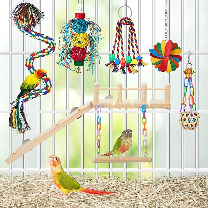 6 Pcs Parakeet Cockatiel Bird Toys, Parrot Swing Chewing Hanging Toys, Colorful Style Parrots Cage Accessories, Interactive Chew & Climb Play Set (Interactive Style)