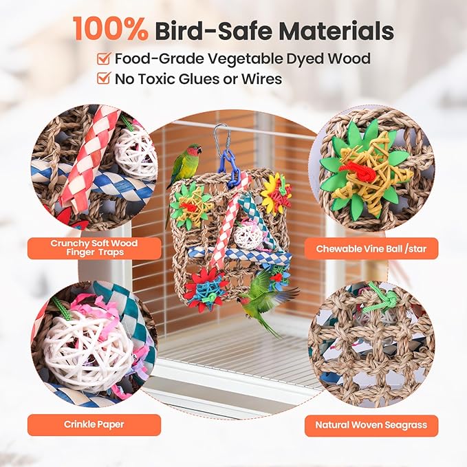Cockatiel Toys, Extra Large Natural Seagrass Shredding Mat, Rattan & Wood Finger Traps Bird Toy for Parakeets, Budgies, Conures, Lovebirds - Parrot Enrichment Activity Center for Boredom Relief